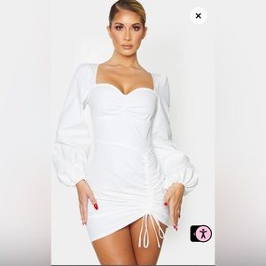 White Long Sleeve Sweetheart Neck Ruched Shirt Dress